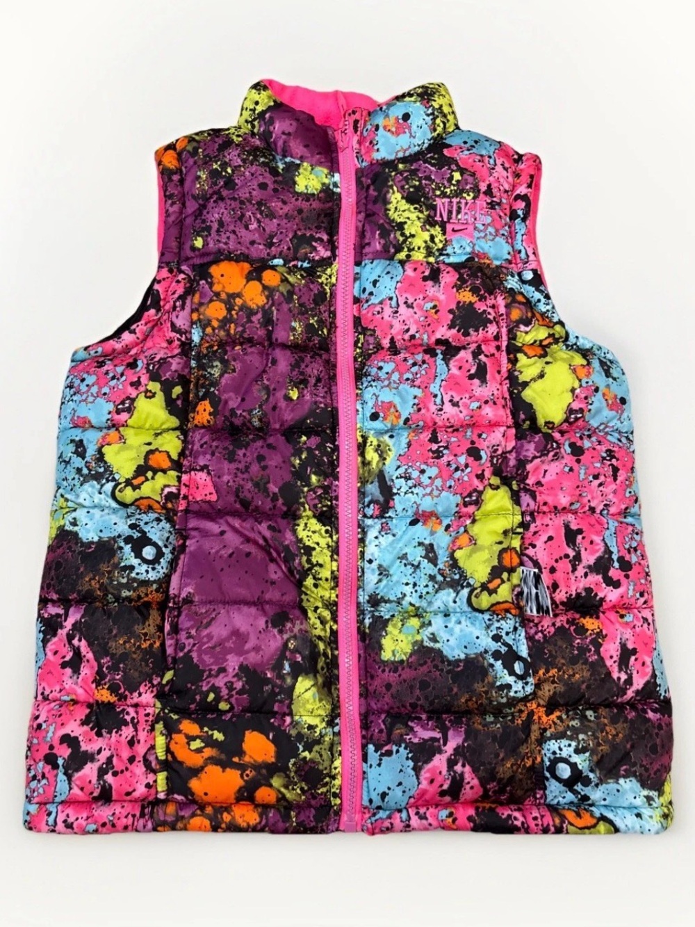 Nike Reversible Puffer Vest Girls Size Large Paint Splatter Pink Fall Winter